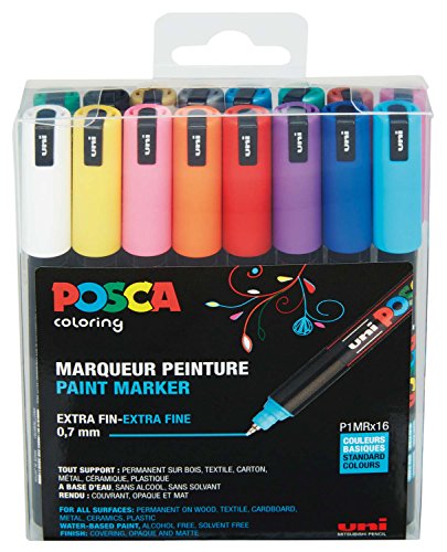 Uni-Ball uni POSCA PC-1MR, 16 pcs - Marcador (16 pcs, Negro, Azul, Oro, Verde, Naranja, Rosa, Rojo, Plata, Violeta, Blanco, Amarillo, Punta redonda, Multicolor, Negro, 0,7 mm, Tinta con base de agua)