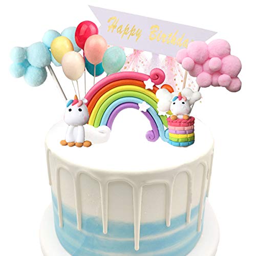 Unicornio Decoración de Tartas Globo Nube Arcoiris Banner de Feliz Cumpleaños Cake Topper Decoraciones para Niños Niñas Fiesta Baby Shower