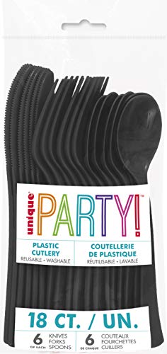 Unique Party 39497-Cubertería de plástico negro para 6 invitados (18 piezas), color, pack of 18 (39497)