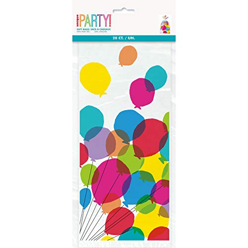 Unique Party - Bolsas de Fiesta de Celofán - Diseño de Cumpleaños de Globos y Arcoíris - Paquete de 20 (73129)