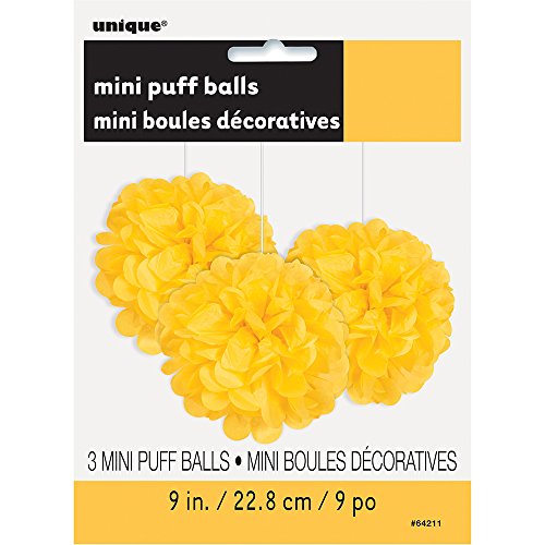 Unique Party- Paquete de 3 pompones pequeños de papel de seda, Color amarillo, 23 cm (64211)