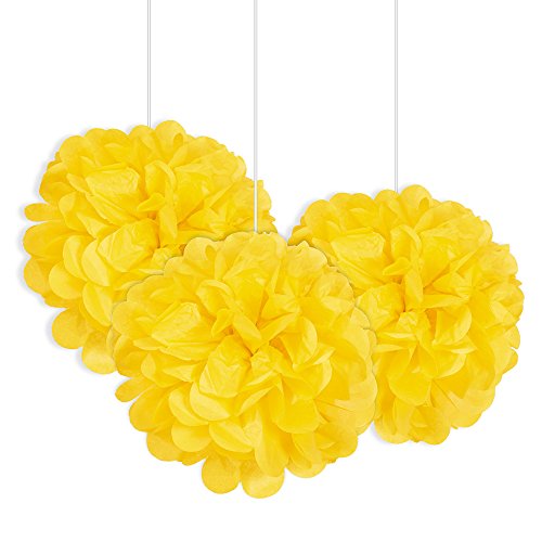 Unique Party- Paquete de 3 pompones pequeños de papel de seda, Color amarillo, 23 cm (64211)