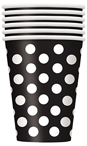 Unique Party-Paquete de 6 vasos de papel a lunares, color negro, (37456)