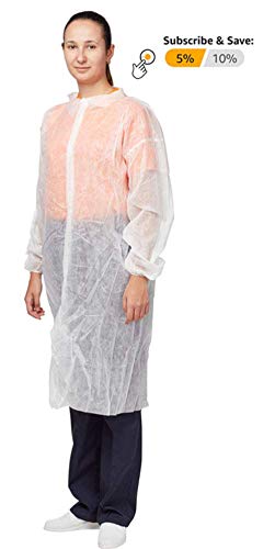 Unisex Desechable Polipropileno Blanco Lab Coat. Tamaño XL Cierre de gancho y bucle, Collar, Muñecas Elásticas, Sin Bolsillos Abrigo de Polietileno para Uso Industrial.