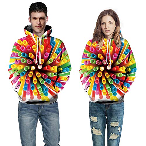 Unisex Hoodie 3D Impresión Sudadera con Capucha Pajitas de Colores Casual Manga Larga Hooded Pullover Sweatshirt Cordón de Bolsillo, S