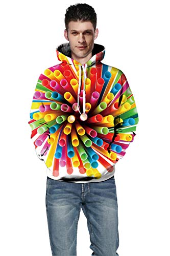 Unisex Hoodie 3D Impresión Sudadera con Capucha Pajitas de Colores Casual Manga Larga Hooded Pullover Sweatshirt Cordón de Bolsillo, S