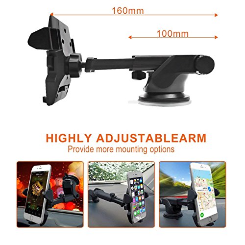 Universal Car Mount Holder, Windshield Dashboard Long Neck One Touch Car Mobile Phone Holder Compatible for iPhone X 8 7 7s 6s Plus 6s 5s 5c Samsung Galaxy S8 Edge S7 S6 Note5 Sucker Car Stand (Black)