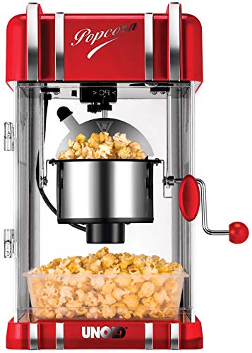 Unold 48535 - Máquina de palomitas retro (300 W, acero inoxidable, antiadherente, palomitas de maíz como en cine, iluminación interior, sin BPA)