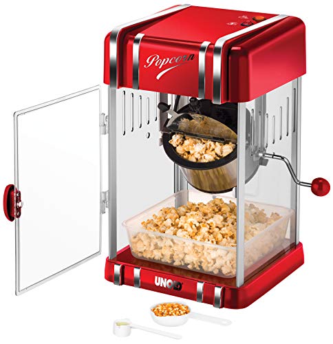 Unold 48535 - Máquina de palomitas retro (300 W, acero inoxidable, antiadherente, palomitas de maíz como en cine, iluminación interior, sin BPA)