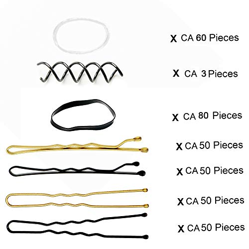 Unos 200 Piezas Clips de Pelo Horquillas de Pelo en U y para Niñas y Mujeres unos 140 Piezas Gomas y unos 3 Piezas Pinza de pelo en espiral negra de Pelo con Caja de Almacenaje Transparente