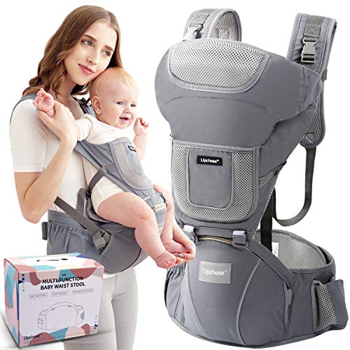 Upchase Mochilas Portabebés Ergonómica, 6 in 1 Multifuncional Ajustable, Multiposición Dorsal y Ventral, Algodón Puro Ligero y Transpirable, con Asiento de Cadera Desmontable, (0 a 36 Meses) Gris