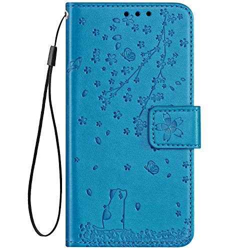 Uposao Compatible con Funda iPhone 11 Pro Carcasa Funda Libro de Cuero Estuche Completo,Elegante Flor de Cerezo Relieve Funda Folio Flip Case Cover Wallet pour iPhone 11 Pro,Azul