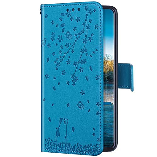 Uposao Compatible con Funda iPhone 11 Pro Carcasa Funda Libro de Cuero Estuche Completo,Elegante Flor de Cerezo Relieve Funda Folio Flip Case Cover Wallet pour iPhone 11 Pro,Azul