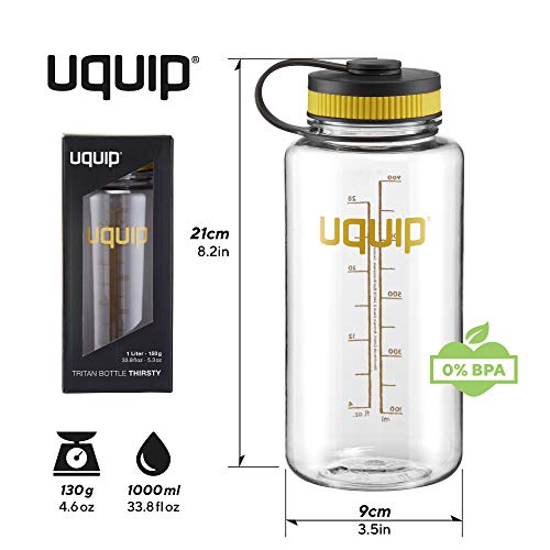 Uquip Thirsty 2.0 Botella de Agua - Tritan Material mas Duradero - 1 litro - con Cierre de Rosca, Color Transparente/Negro Amarillo