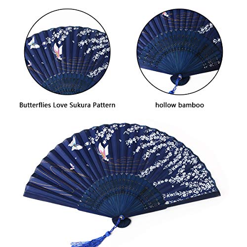 URAQT Abanico de la Mano, Plegable de Mano Abanicos Abanico Madera con Borla Bambú y Seda Ventilador de Mano Japones Patrón Mariposa Flor de Cajas de Regalo para Baile Fiesta Ceremonias, 1 Piezas