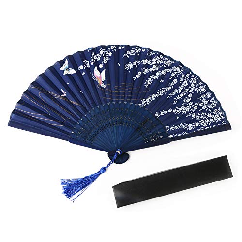 URAQT Abanico de la Mano, Plegable de Mano Abanicos Abanico Madera con Borla Bambú y Seda Ventilador de Mano Japones Patrón Mariposa Flor de Cajas de Regalo para Baile Fiesta Ceremonias, 1 Piezas