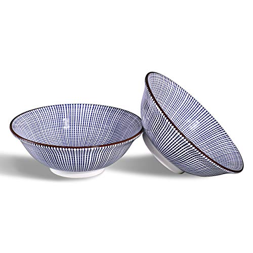 Urban Lifestyle 2 cuencos de porcelana para ramen, 20,5 cm, patrón japonés Tokusa azul / blanco