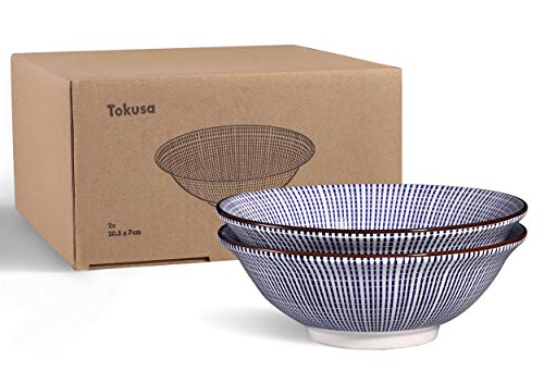 Urban Lifestyle 2 cuencos de porcelana para ramen, 20,5 cm, patrón japonés Tokusa azul / blanco