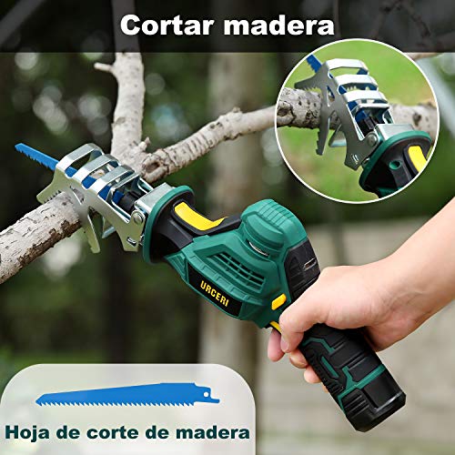 URCERI 12V Sierra de jardín inalámbrica, 0-2700RPM, 2 baterías (2.0Ah), Cargagor de carga rápida 2.4Ah, 4 cuchillas, Interruptor de seguridad