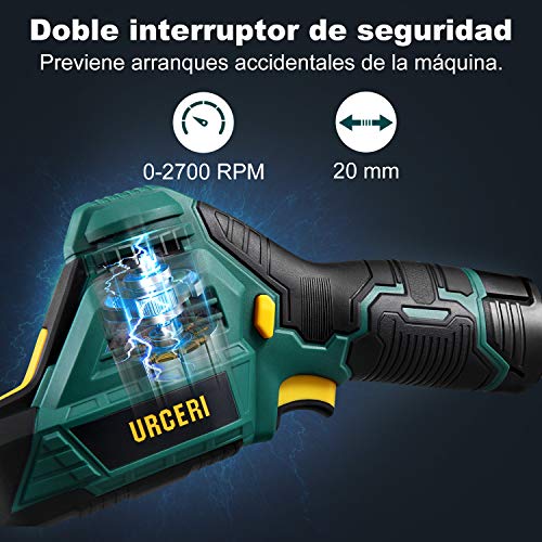 URCERI 12V Sierra de jardín inalámbrica, 0-2700RPM, 2 baterías (2.0Ah), Cargagor de carga rápida 2.4Ah, 4 cuchillas, Interruptor de seguridad