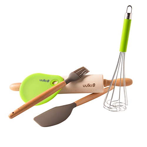 Uulki Happy Pastry Chef Set Reposteria 5 Piezas: Rodillo de amasar en Madera, Batidor de Varillas, Espátula, Cepillo Brocha Pincel de pastelería, Raspador de Pasta/Cortador de Masa y rasqueta