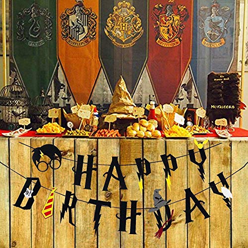 U&X Suministros para la Fiesta de cumpleaños de Wizard - Happy Birthday Banner Felt Garland Party Decoration, HP Theme Party Decorations, Black