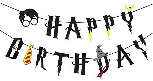 U&X Suministros para la Fiesta de cumpleaños de Wizard - Happy Birthday Banner Felt Garland Party Decoration, HP Theme Party Decorations, Black