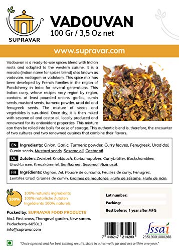 Vadouvan auténtico - Especias de curry auténticas de Pondicherry - Ingredientes 100% naturales de la India - Mezcla de especias 100 g