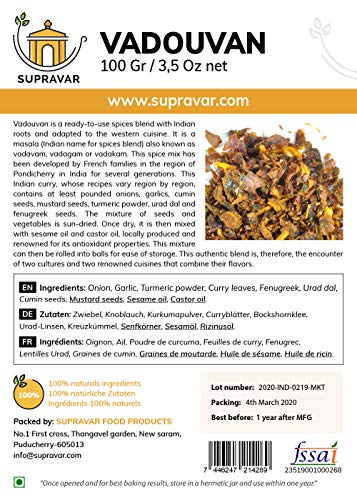 Vadouvan auténtico - Especias de curry auténticas de Pondicherry - Ingredientes 100% naturales de la India - Mezcla de especias 100 g