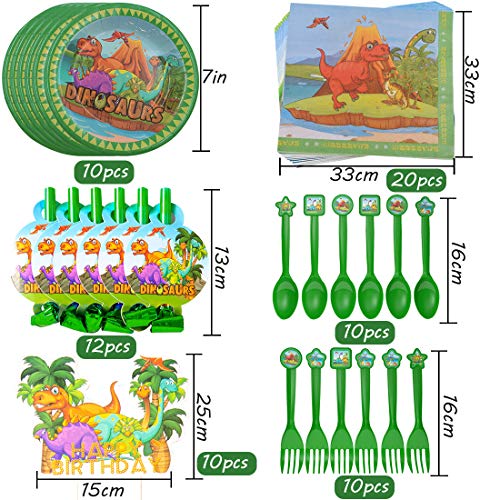 Vajilla de Dinosaurio Desechable - WENTS Set de 95 Piezas de Fiesta Diseño de Dinosaurio, Incluye Pancarta, Platos,Vasos, Cubiertos, Servilletas,Mantel, 10 Personas