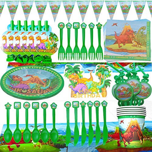 Vajilla de Dinosaurio Desechable - WENTS Set de 95 Piezas de Fiesta Diseño de Dinosaurio, Incluye Pancarta, Platos,Vasos, Cubiertos, Servilletas,Mantel, 10 Personas