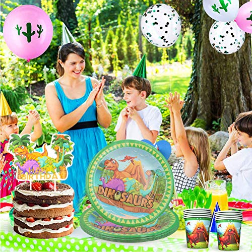 Vajilla de Dinosaurio Desechable - WENTS Set de 95 Piezas de Fiesta Diseño de Dinosaurio, Incluye Pancarta, Platos,Vasos, Cubiertos, Servilletas,Mantel, 10 Personas