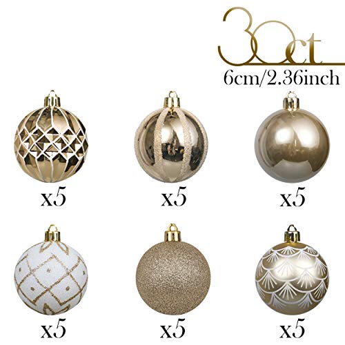 Valery Madelyn 30Pcs Bolas de Navidad de 6cm, Adornos de Navidad para Arbol, Decoración Navideños Plástico Blanco y Dorado, Regalos de Colgantes de Navidad (Elegante)