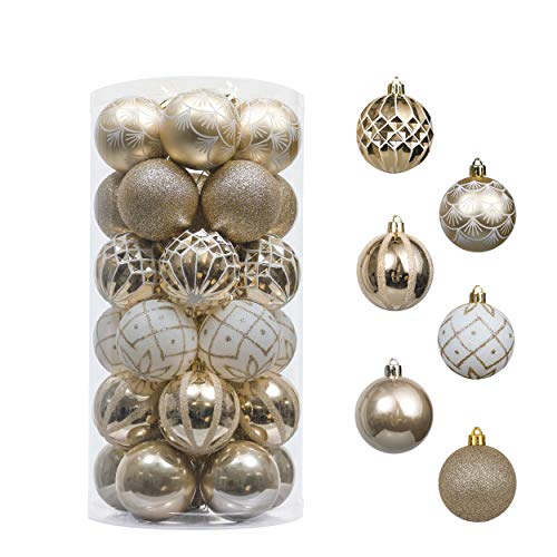 Valery Madelyn 30Pcs Bolas de Navidad de 6cm, Adornos de Navidad para Arbol, Decoración Navideños Plástico Blanco y Dorado, Regalos de Colgantes de Navidad (Elegante)