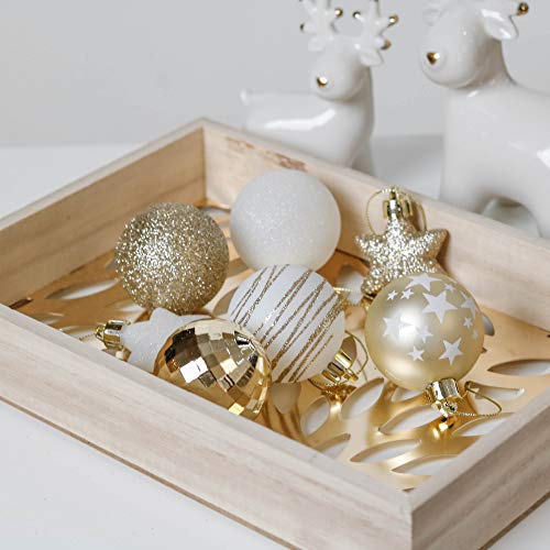 Valery Madelyn 35Pcs Bolas de Navidad de 5cm, Adornos de Navidad para Arbol, Decoración Navideños Plástico Blanco y Dorado, Regalos de Colgantes de Navidad (Elegante)