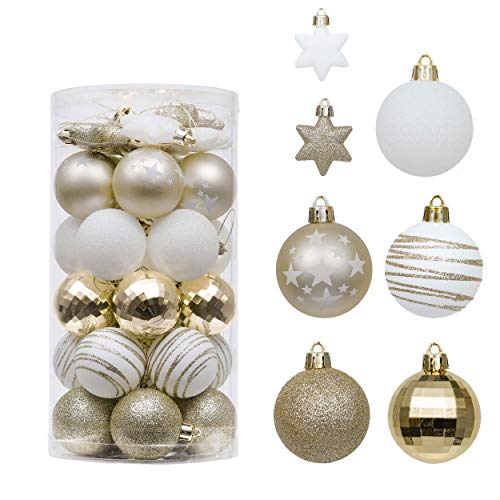 Valery Madelyn 35Pcs Bolas de Navidad de 5cm, Adornos de Navidad para Arbol, Decoración Navideños Plástico Blanco y Dorado, Regalos de Colgantes de Navidad (Elegante)