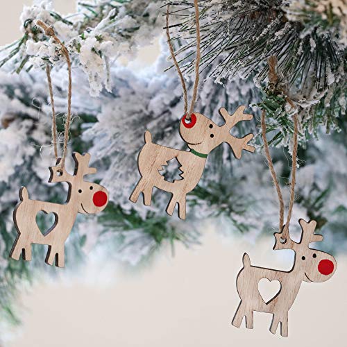 Valery Madelyn Adornos del árbol de Navidad de Madera, 24pcs 2.4in/6.2cm Decoración de Navidad, Colgantes Renos, Cuerda Pre Atado (Bosque)