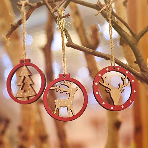 Valery Madelyn Adornos del árbol de Navidad de Madera, 24pcs 2.4in/6cm Decoración de Navidad de Rojo, Colgantes Renos, Cuerda Pre Atado (Bosque)