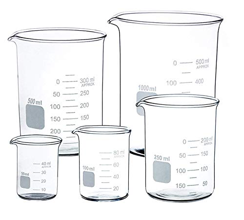 Vaso de cristal transparente de 50 ml, 100 ml, 250 ml, 500 ml, 1000 ml vaso medidor de borosilicato, vaso de cristal para escuela, química, laboratorio, suministros de estudio. Glass Beaker set of 5