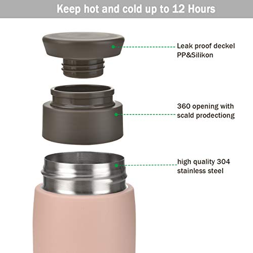 Vaso térmico de acero inoxidable 304 de CCKOLE, taza de café para llevar, a prueba de fugas, superficie mate, gran capacidad con mango largo plegable, Rosa., 350 ml