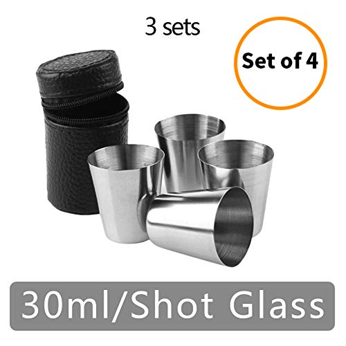 Vasos de chupito de acero inoxidable, 12 piezas de 1 onza vasos de chupito de vidrio mini portátil para vino, de viaje, para camping, para beber, taza de café, cerveza, con 3 fundas de cuero negro