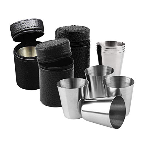 Vasos de chupito de acero inoxidable, 12 piezas de 1 onza vasos de chupito de vidrio mini portátil para vino, de viaje, para camping, para beber, taza de café, cerveza, con 3 fundas de cuero negro