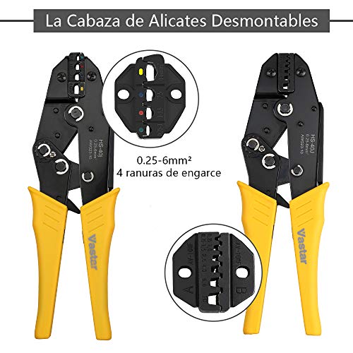 Vastar Juego de Alicates de Crimpadora - 2 en 1 Crimpadora de Terminales Alicates 0.25mm-10mm con Destornillador para Cambiar Mordazas, Instrucciones(370Pcs Terminal Cable + 800Pcs Terminal Tubular)