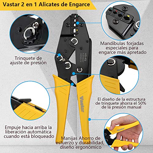 Vastar Juego de Alicates de Crimpadora - 2 en 1 Crimpadora de Terminales Alicates 0.25mm-10mm con Destornillador para Cambiar Mordazas, Instrucciones(370Pcs Terminal Cable + 800Pcs Terminal Tubular)