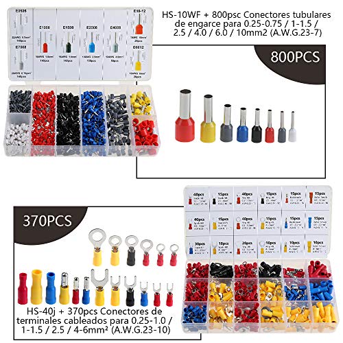 Vastar Juego de Alicates de Crimpadora - 2 en 1 Crimpadora de Terminales Alicates 0.25mm-10mm con Destornillador para Cambiar Mordazas, Instrucciones(370Pcs Terminal Cable + 800Pcs Terminal Tubular)