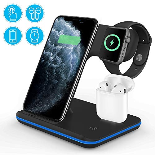 vcloo Cargador Inalámbrico Rápido - 3 en 1 Estación de Carga Rápida Qi Inalámbrica Soportes de Carga de para iPhone 11/11 Pro MAX/X/XS MAX / 8 Apple Apple Watch Series 1/2/3/4/5 Airpods 2