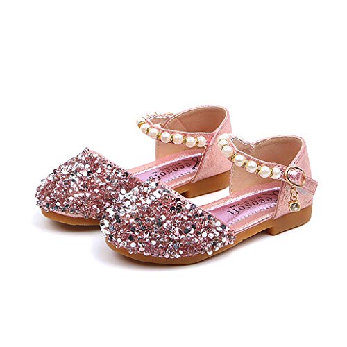 VECDY Zapatillas Bebe Niño, Sandalias Bebe Niñas Perlas, Lentejuelas Bling,Zapatos Princesa Sandalias para Bebé De Charol Cuero Negro para Fiestas, Bodas Y Eventos Especiales (Rosa,24)