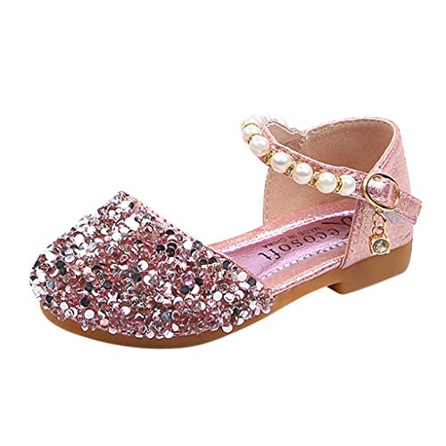 VECDY Zapatillas Bebe Niño, Sandalias Bebe Niñas Perlas, Lentejuelas Bling,Zapatos Princesa Sandalias para Bebé De Charol Cuero Negro para Fiestas, Bodas Y Eventos Especiales (Rosa,24)