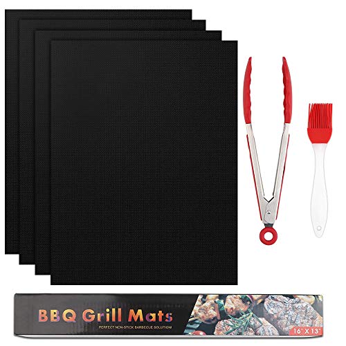 Vegena BBQ Grillmatten Set, 4er Set BBQ Antihaft Grillmatten Grill & Backmatte reutilizables PFOA-Frei (40 * 33 cm) + Silikonbürste Grillzange, fantástica Grillmatte para Gasgrill & Holzkohle