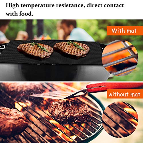 Vegena BBQ Grillmatten Set, 4er Set BBQ Antihaft Grillmatten Grill & Backmatte reutilizables PFOA-Frei (40 * 33 cm) + Silikonbürste Grillzange, fantástica Grillmatte para Gasgrill & Holzkohle